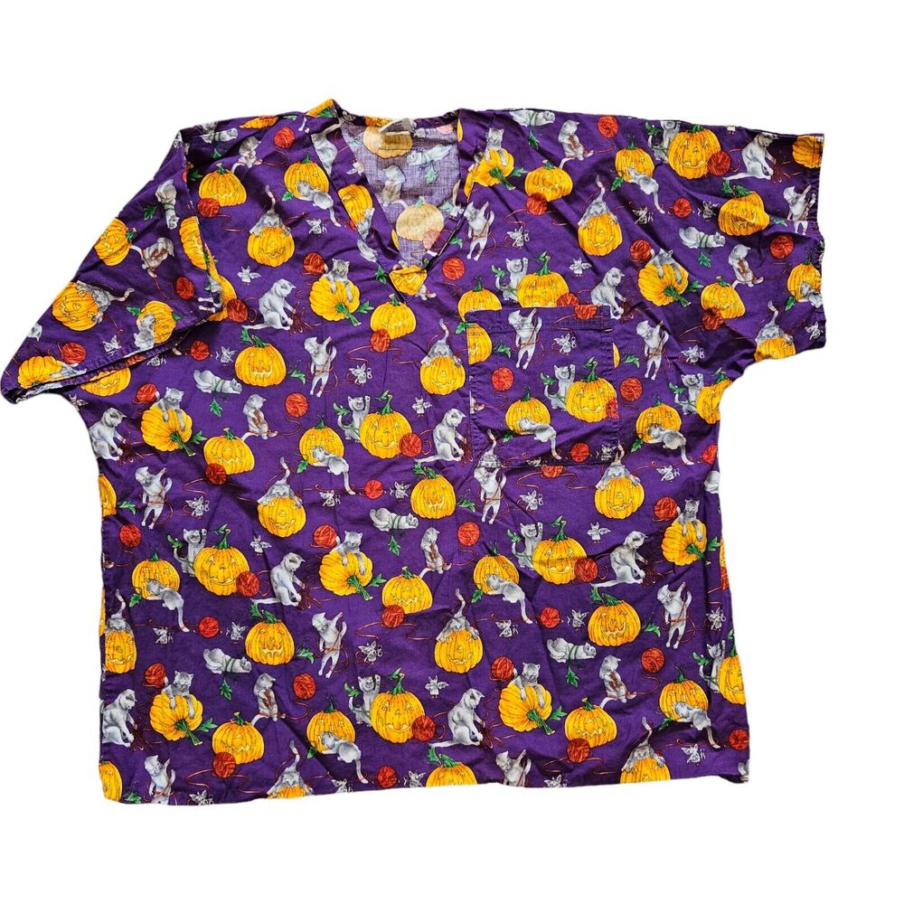 Vtg Halloween Scrub Top Size XL Pumpkins Cats Purple Orange Pocket Short Sleeve